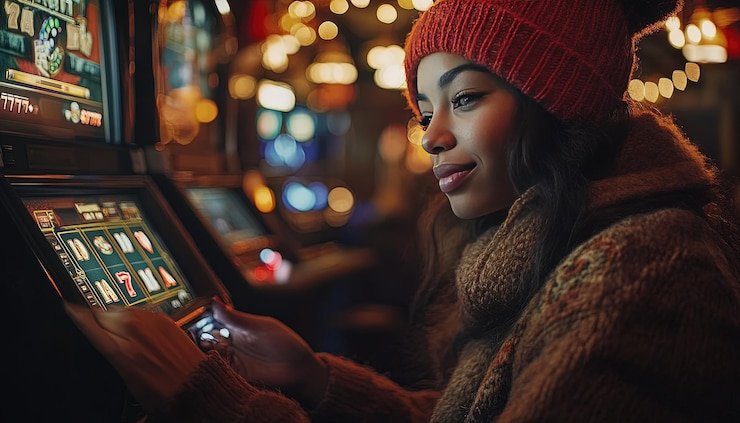 Pengguna tersenyum menikmati taruhan online dengan smartphone dan suasana modern